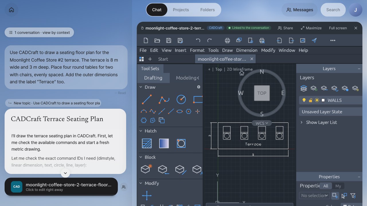 Screenshot: an office floor plan opened in CADCraft from its card