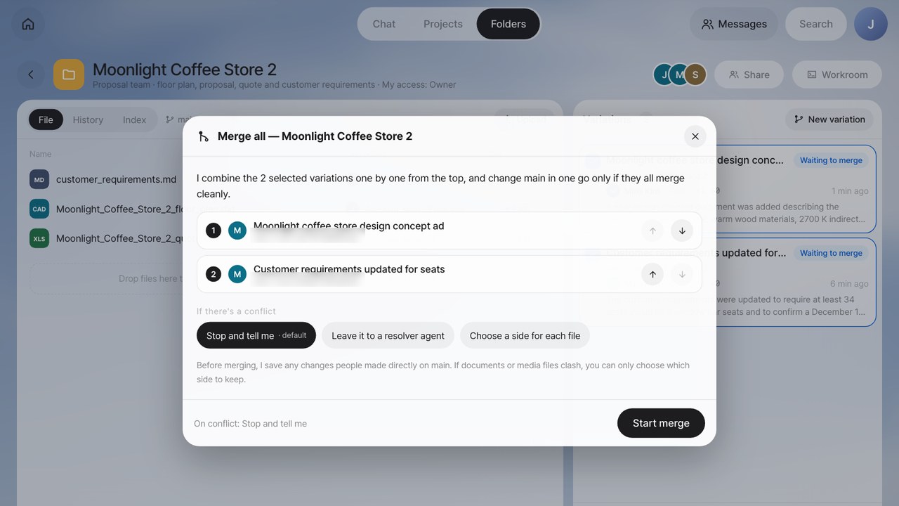 Screenshot: merging selected variations into a shared folder’s baseline