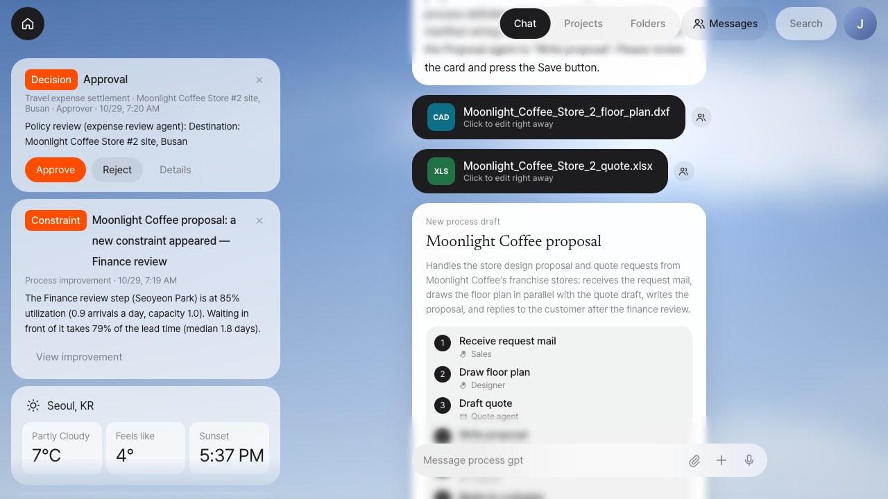 Screenshot: Home with action cards and a pending approval step