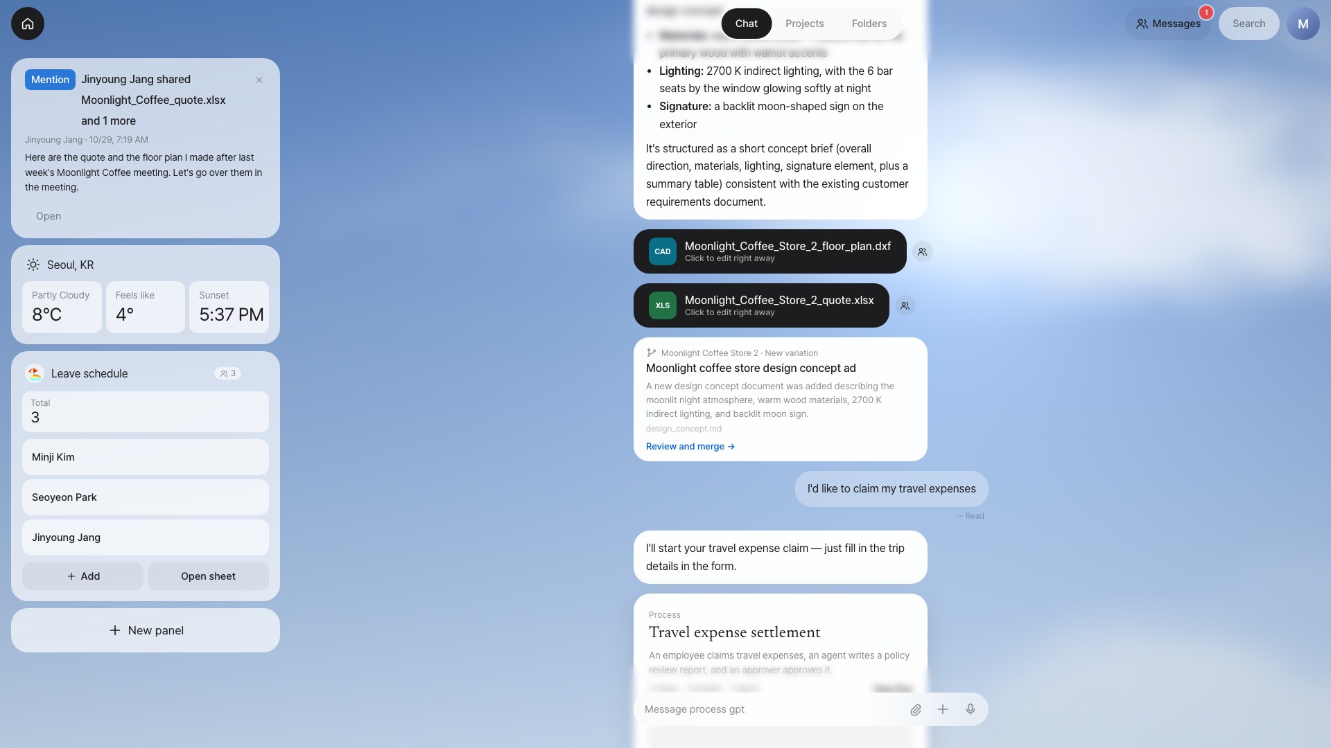 Screenshot: a team leave panel on Home and the same data opened as a sheet