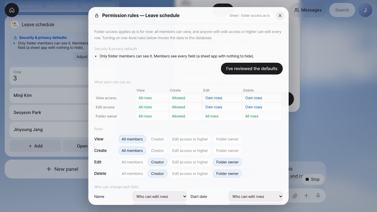 Screenshot: access rules and row-level security for a shared calendar panel app