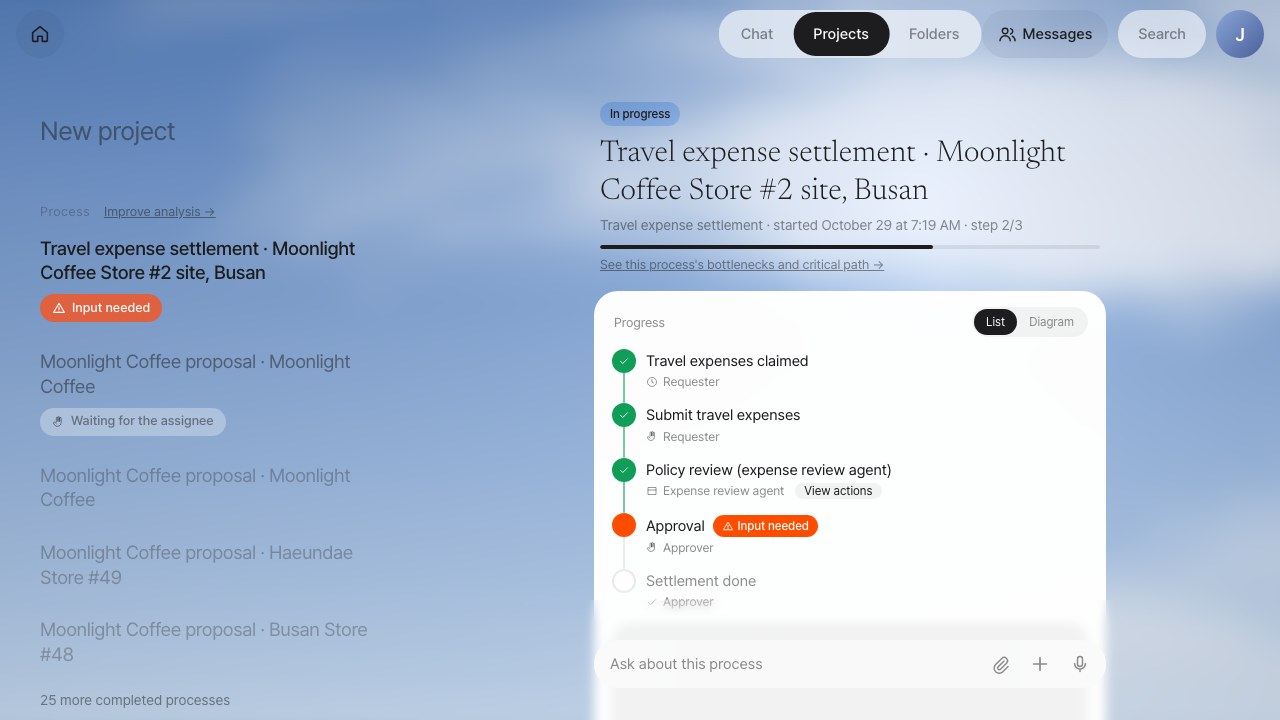 Screenshot: running processes in Projects and a browser agent’s live screen