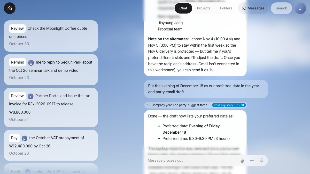 Screenshot: a short follow-up question routed to the right conversation