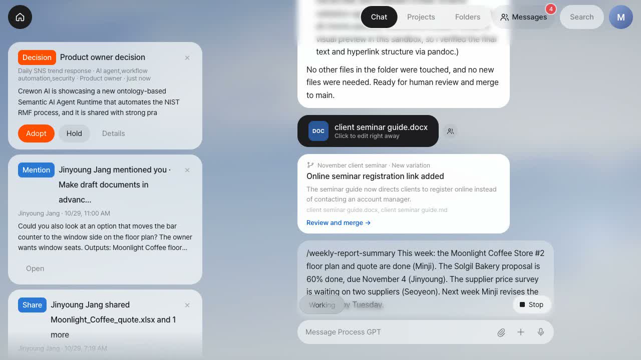 Screenshot: the product owner’s decision card in the daily social media trend process