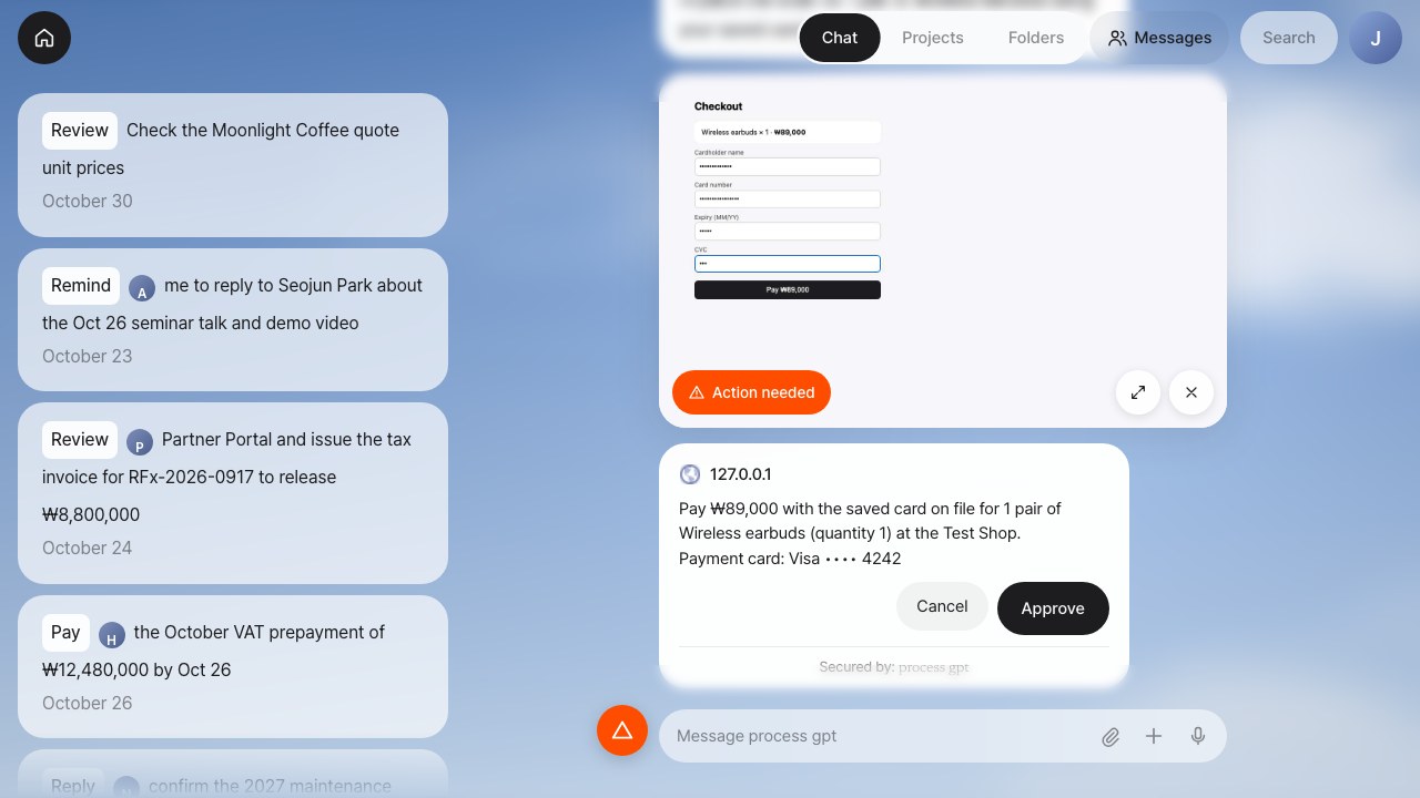 Screenshot: a browser agent at checkout, with the saved card shown only as Visa •••• 4242
