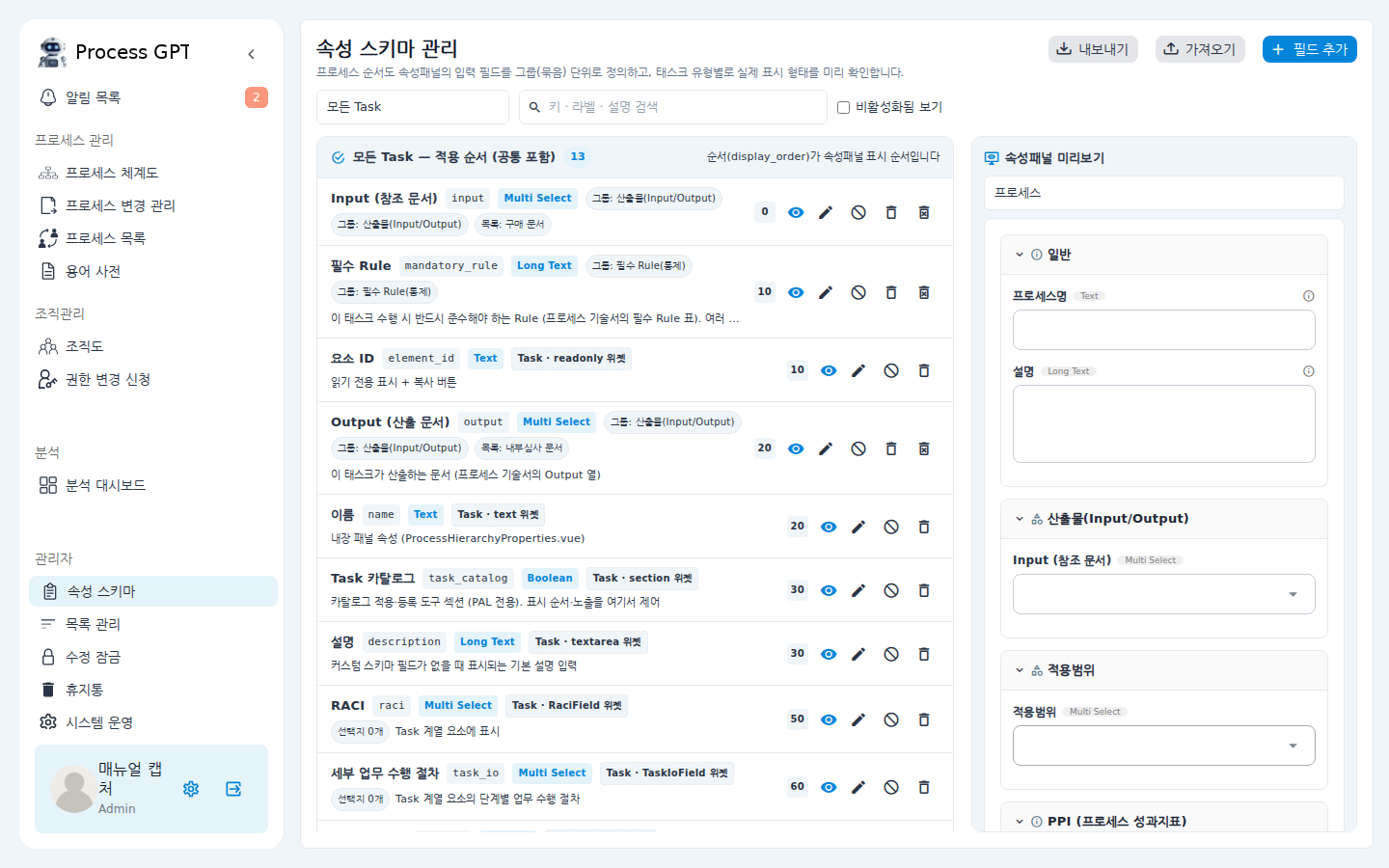 속성 스키마 관리 화면 — 관리자가 정의한 필드 목록과 속성 패널 미리보기