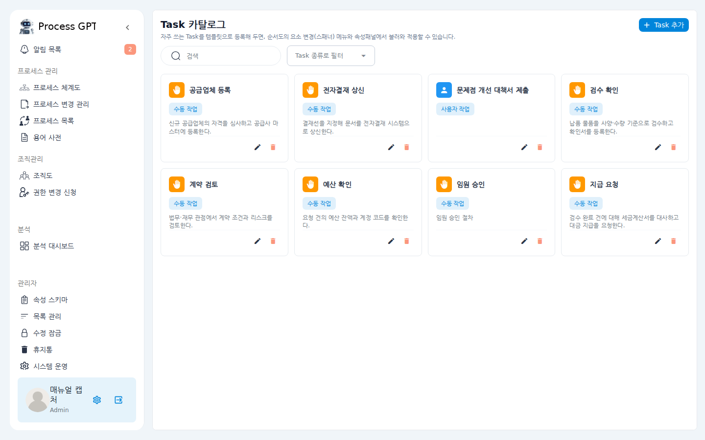 Task 카탈로그 관리 화면 — 표준 업무 카드 목록