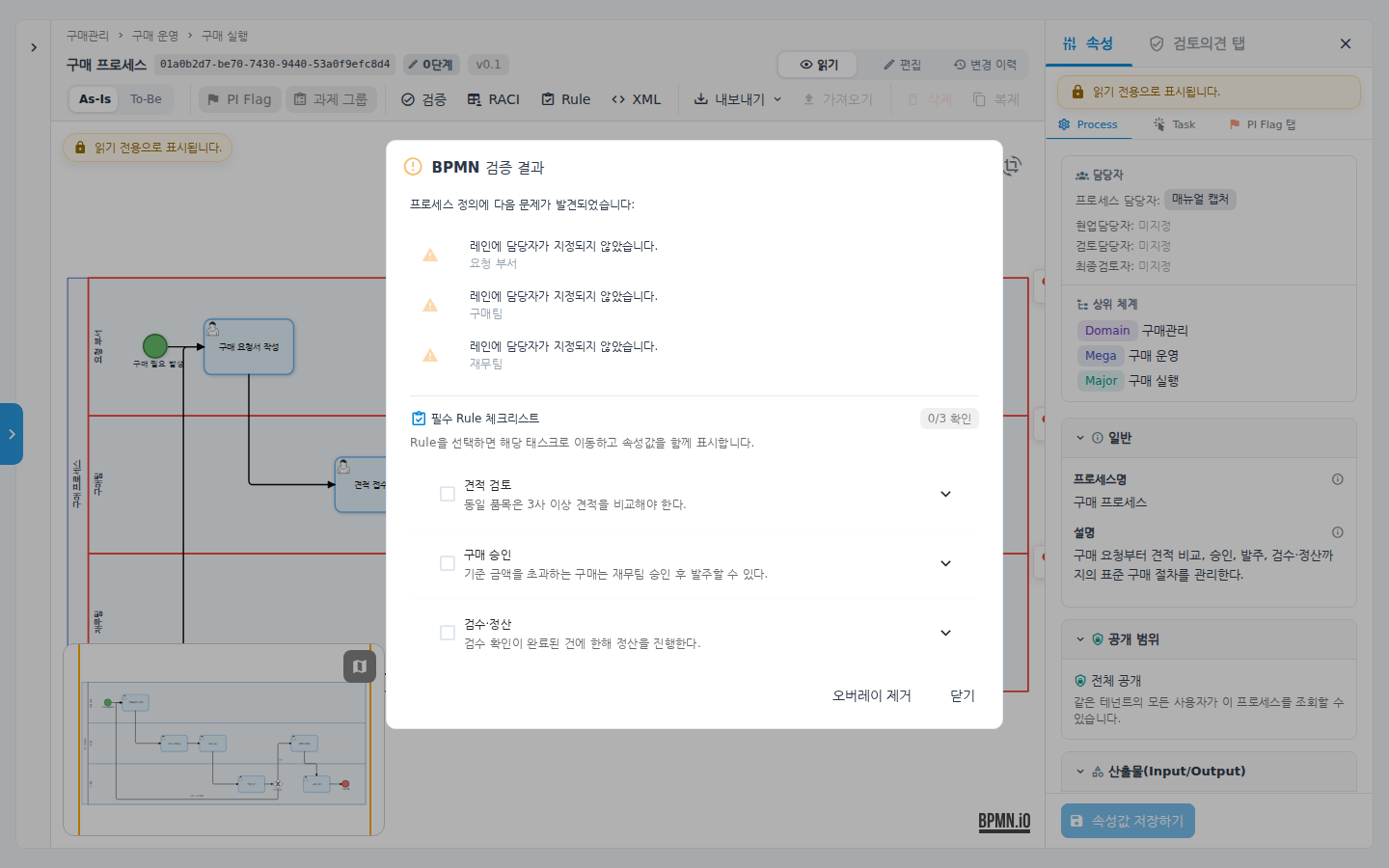 BPMN 검증 결과 — 구조 검증 경고와 필수 Rule 체크리스트